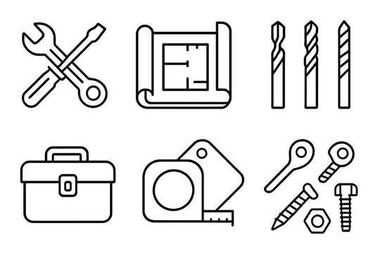 DIY icons in linear style: wrench and screwdriver cross, blueprint, drill bits, toolbox, measuring tape, cutting board, screws, nuts and bolts.