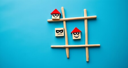 Tic tac toe game with house-shaped pieces on a vibrant blue background