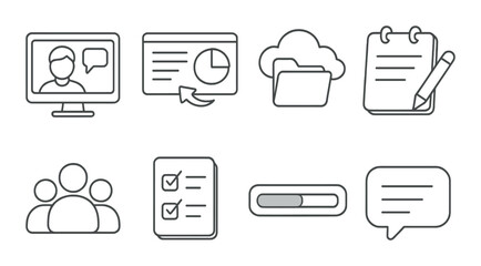 Remote collaboration in linear style: video call, shared screen, cloud folder, notes, checklist, group icon, progress bar, chat bubble.