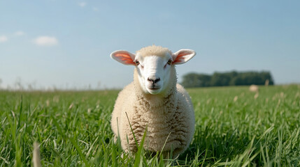 Obraz premium Freshly sheared sheep standing in green grass under blue sky 