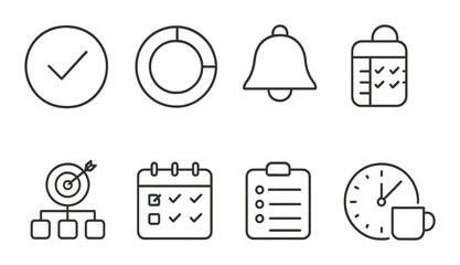 Time management & productivity in linear style: task priority, progress circle, reminder bell, weekly plan, timer icon, smart goals icon, time log, break timer.