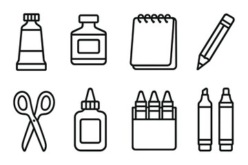 Fototapeta premium Art supplies in linear style: paint tube, ink bottle, drawing pad, sketch pencil, scissors, glue, crayons, markers.