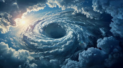 Swirling clouds and sunlight create a stunning vortex in the sky during a dramatic weather event