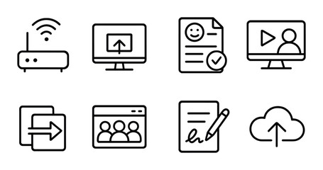 linear style icons of online work: Wi-Fi router, screen share, feedback form, online course, file sharing, remote team, e-signature, cloud storage.