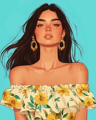Young woman with freckled face wearing floral dress and large earrings in vibrant background