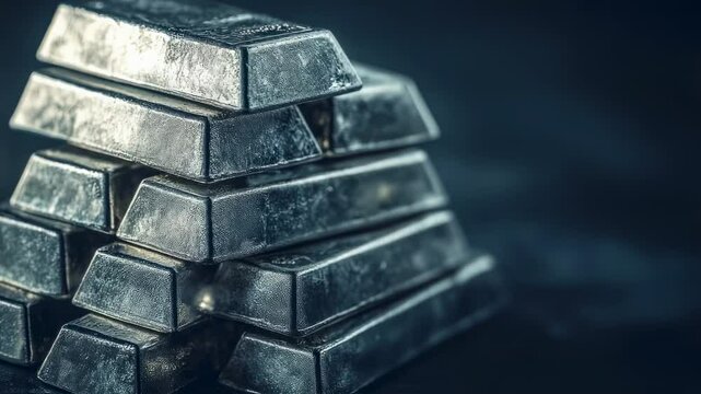 A detailed, striking photograph showcases a meticulously arranged stack of glistening silver bars, symbolizing wealth and financial security.