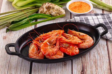 Delicous boiled tiger prawn with sauce