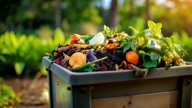 Close-up view of a gray composter filled with fresh organic waste including scraps of fruits, vegetables and plants, in the garden bathed in sunlight