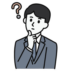 Asian businessman thoughtfully considers options with finger to chin near a question mark above