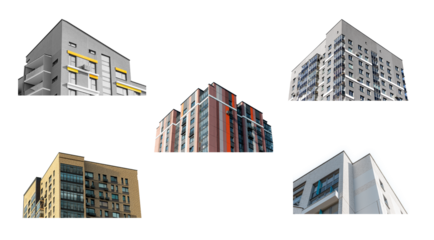 Contemporary multi storey buildings set, modern architecture with a colorful facade and large