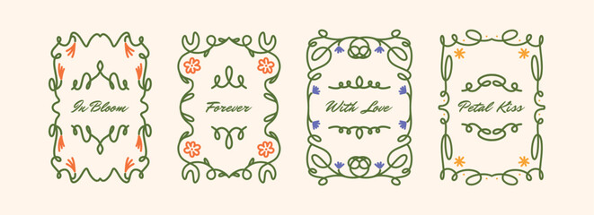 Set of Romantic Floral Card Templates with Hand Drawn Frames and Lettering. In Bloom, Forever, With Love, Petal Kiss Texts. Vintage Spring Designs with Naive Flowers. Vector Illustration
