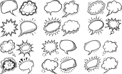 Doodle Style Speech Bubble Set  Comic Inspired Hand Drawn Dialog Balloons in Black Ink on White Background


