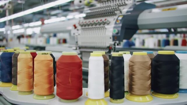 Vibrant thread spools lined up, ready for automated embroidery machine use