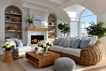 Obraz premium Minimalist room featuring cozy blue pillows high resolution photo