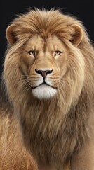 Fototapeta premium Majestic lion with a thick mane staring directly at the viewer in a natural setting