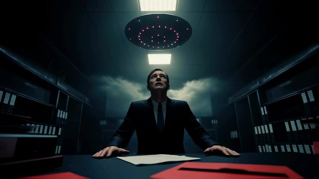 Man at desk observes a UFO in an office, an alien sighting and conspiracy theory concept footage.