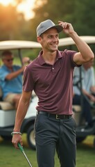 Smiling golfer tipping his cap on the green
