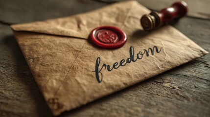 Vintage envelope sealed with red wax and handwritten word &ldquo;freedom&rdquo; on rustic wood background &mdash; ideal for Independence Day themes, liberty messages and patriotic design concepts