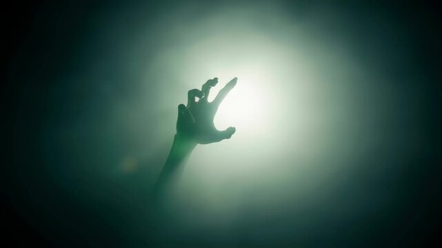 Green hand reaching up through smoke and mist. Horrifying zombie or alien arm. Dark and scary horror scene footage.