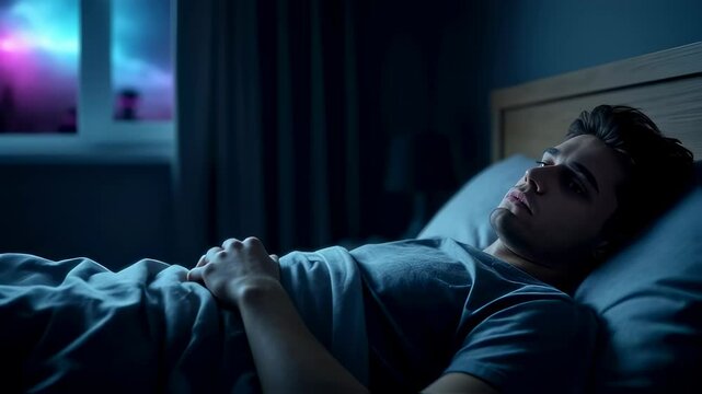 A man sleeps in his bed unaware of aliens outside his window during a stormy night showing horror and UFO invasion footage.