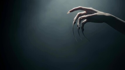 Woman's hand with long sharp nails, monster or demon horror concept in a spooky dark background scene footage. - Powered by Adobe
