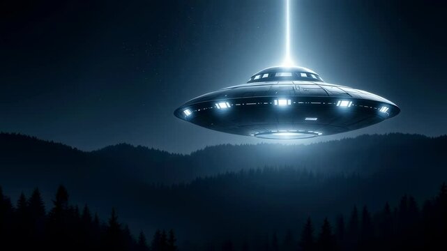 UFO hovering over a forest at night with a bright beam of light, concept of alien abduction and horror footage.