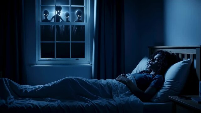 Woman sleeping in bedroom as aliens look through window at night. Horror dream or abduction fear concept footage.