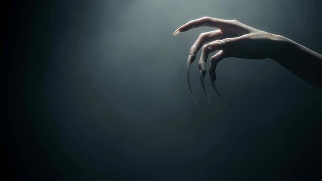 Woman's hand with long sharp nails, monster or demon horror concept in a spooky dark background scene footage.