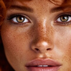 Naklejka premium A young woman with curly red hair and freckles gazes at the camera on a sunny day
