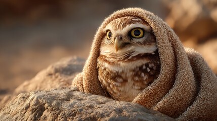 Obraz premium A burrowing owl snuggled in a sandy-beige towel, its bright eyes alert, resting on a sun-warmed rock in a desert oasis at golden hour.