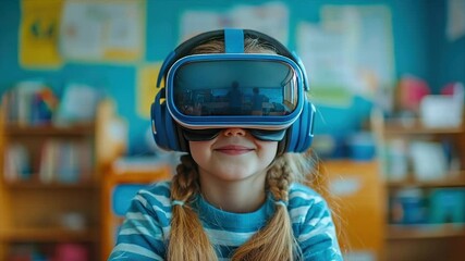 A young girl smiles while using a virtual reality headset in a classroom setting - Powered by Adobe