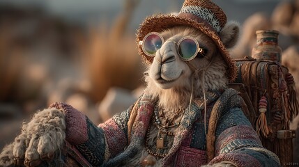A camel dressed in a bohemian patchwork suit, round rainbow-gradient glasses, a fringe leather backpack, and a floppy sunhat, lounging in a desert campsite, warm golden hour lighting