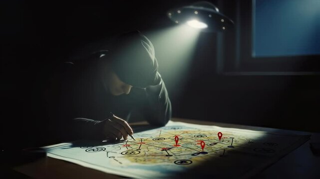 Man connecting dots on map with pin and string under light from hovering ufo, conspiracy theory research.