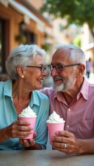 Joyful elderly couple sharing ice cream