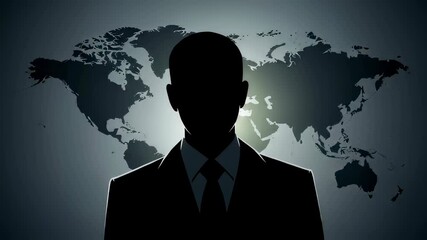 Man silhouette in suit representing a mysterious figure or secret agent against a world map, concept of global conspiracy, footage. - Powered by Adobe