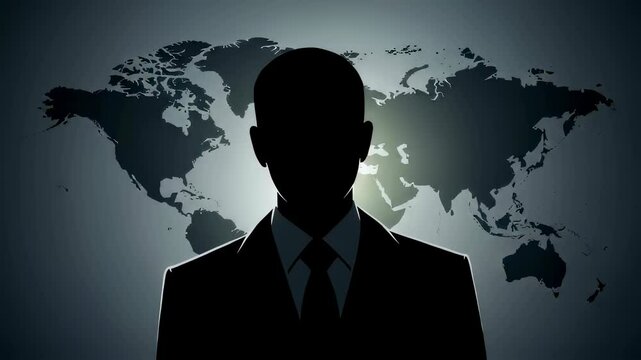 Man silhouette in suit representing a mysterious figure or secret agent against a world map, concept of global conspiracy, footage.