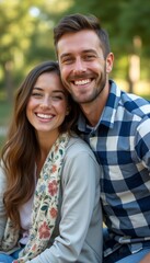 Fototapeta premium Joyful couple sharing a warm smile in a sunlit park