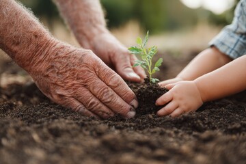 Grandfather and grandson planting a new seedling in the garden