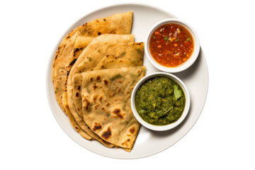 Delicious Indian Flatbread: Paratha with Chutneys on transparent background png