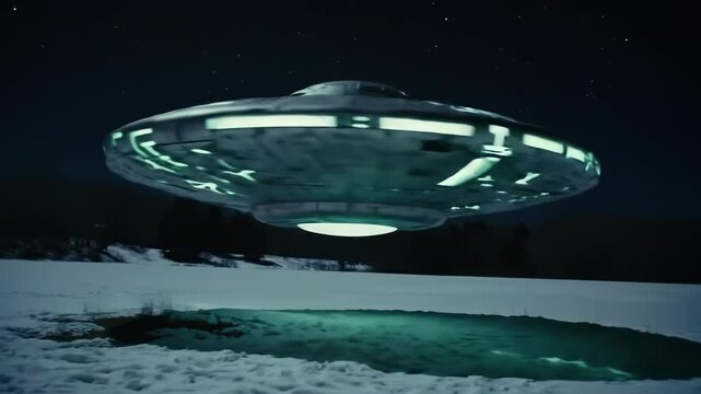 Mysterious flying saucer hovering over snowy winter landscape at night, creating an eerie glowing light on the ground footage.