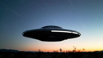 Alien flying saucer hovering over desert landscape at twilight with meteors streaking across the sky, science fiction footage.