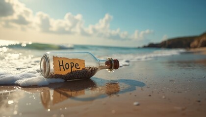Message bottle washes ashore sandy beach. Glass container with Hope label on sea shore with waves. Beach shore concept, summer holiday, positive vibes. Ideal for inspirational, motivational media.