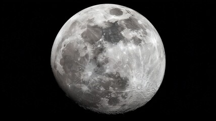 full moon, perfectly round with no craters and a smooth, gray surface, captured in high resolution against the black sky