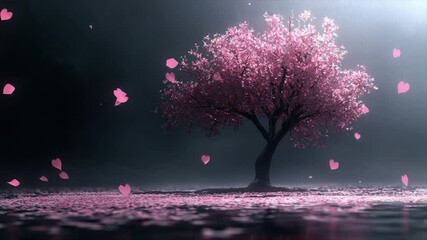 Solitary pink blossom tree, petals falling onto reflective water - Powered by Adobe