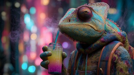 A chameleon-like alien blending into a neon-lit alley while sipping a multicolored layered drink, each sip changing its skin pattern.
