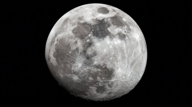 full moon, perfectly round with no craters and a smooth, gray surface, captured in high resolution against the black sky