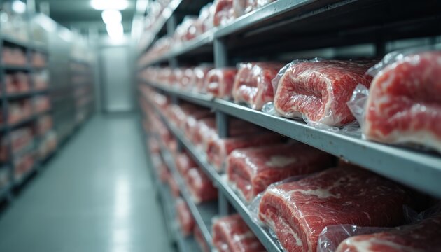 Industrial meat freezing room filled rows of packaged meat products. Large-scale food storage in meat industry. Cold deep freezer refrigerated warehouse. Packing, delivery, butchering process. Fresh