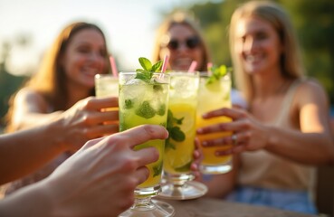 Group friends clinking mojito glasses. People cheers with cocktails in sunny summer day. Social gathering, celebration moment. Enjoyment, happy hour, leisure, fun.