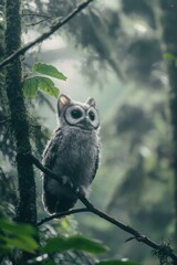 Naklejka premium A fluffy owl perched on a branch in a forest. AI.