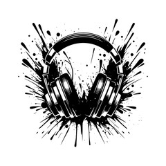 Obraz premium Black and White Headphones Ink Splatter Illustration